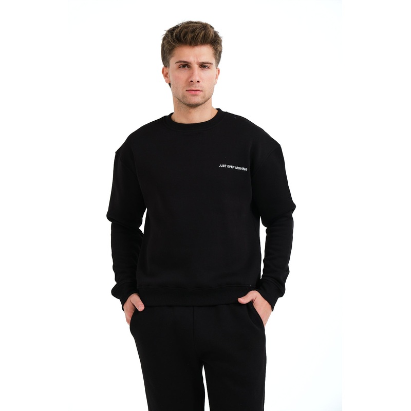 Crew Neck Embroidered Raised Fleece Inside Black Men's Sweatshirt - Volar