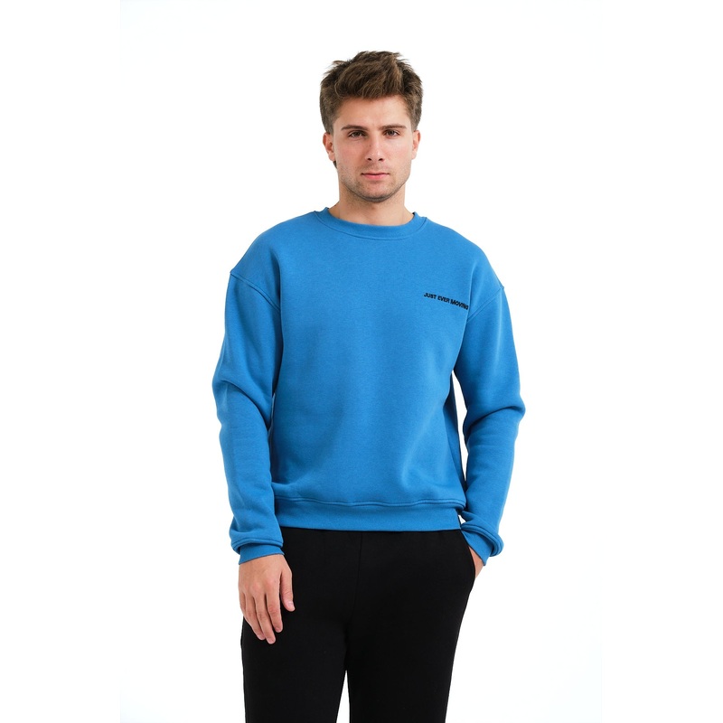 Crew Neck Embroidered Raised Polar Fleece Inside Blue Men's Sweatshirt - Volar