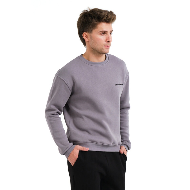 Crew Neck Embroidered Raised Polar Fleece Inside Gray Men's Sweatshirt - Volar