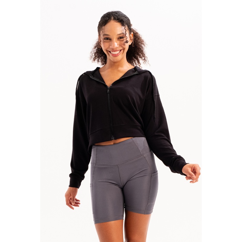 Crop Hooded Zippered Black Women's Sweatshirt - Atria