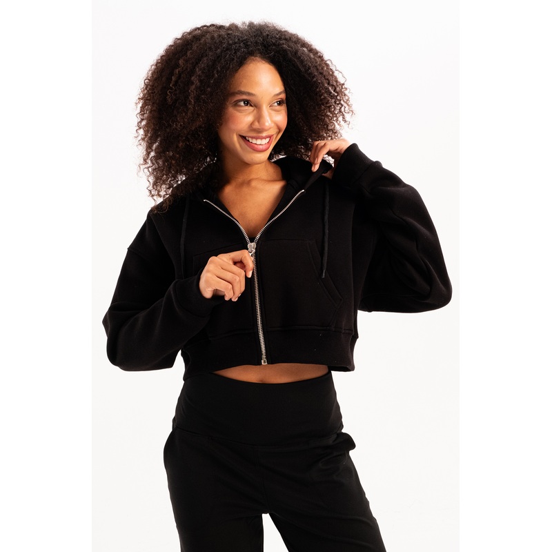 Crop Hooded Zippered Kangaroo Pocket Raised Hoodie Black Women's Sweatshirt - Lumen