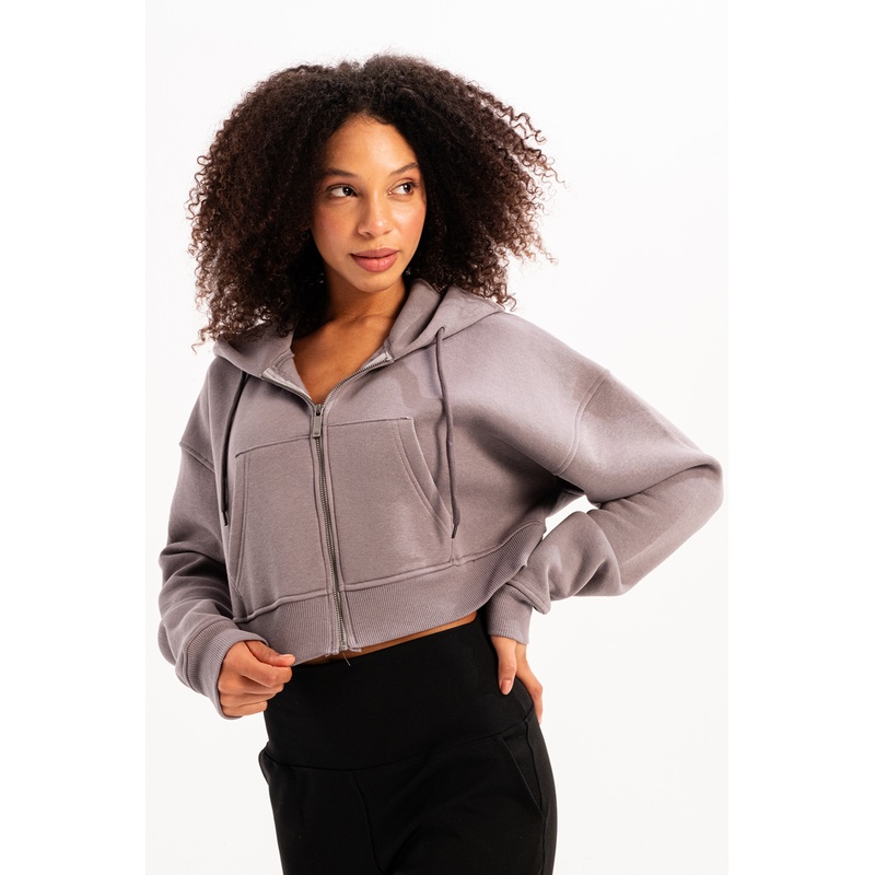 Crop Hooded Zippered Kangaroo Pocket Raised Hoodie Gray Women's Sweatshirt - Lumen