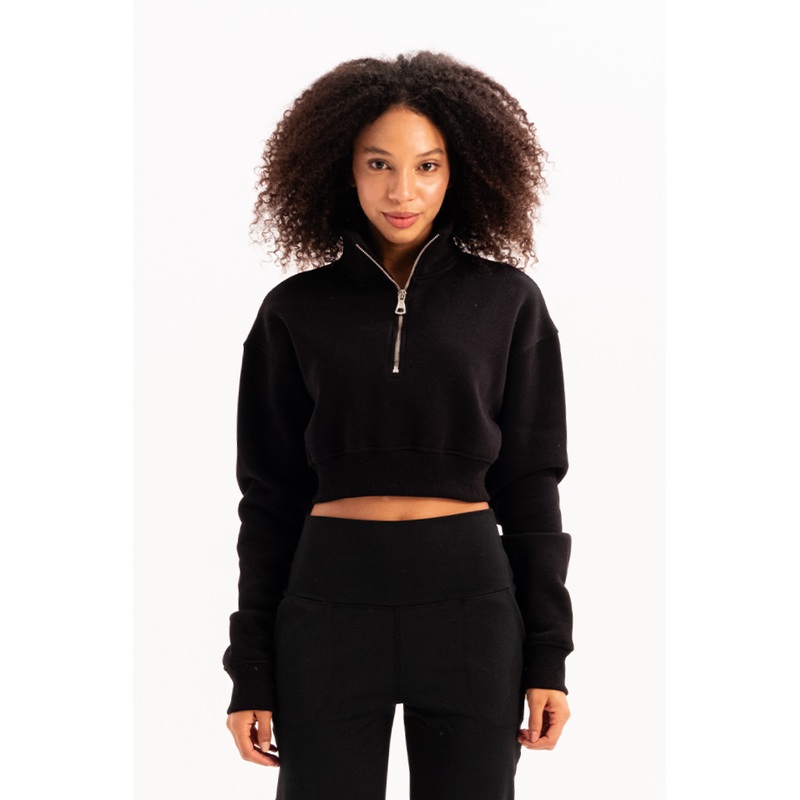 Crop Stand Collar Half Zipper Raised Black Women's Sweatshirt - Vibe