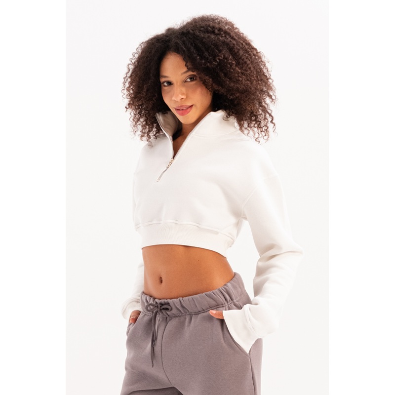 Crop Stand Collar Half Zipper Raised Ecru Women's Sweatshirt - Vibe