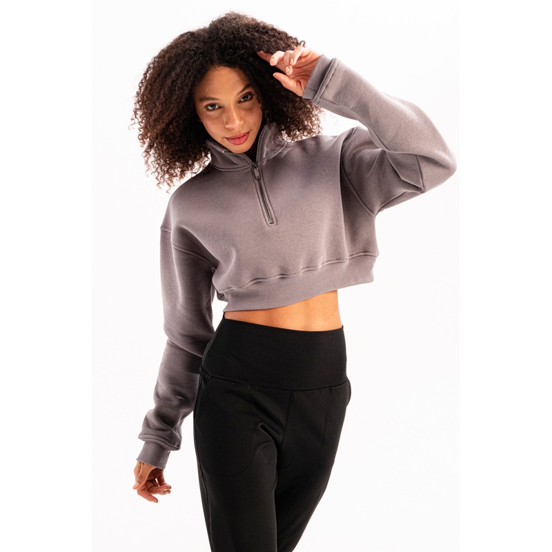 Crop Stand Collar Half Zipper Raised Gray Women's Sweatshirt - Vibe