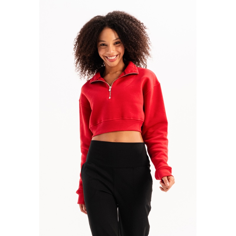 Crop Stand Collar Half Zippered Raised Red Women's Sweatshirt - Vibe