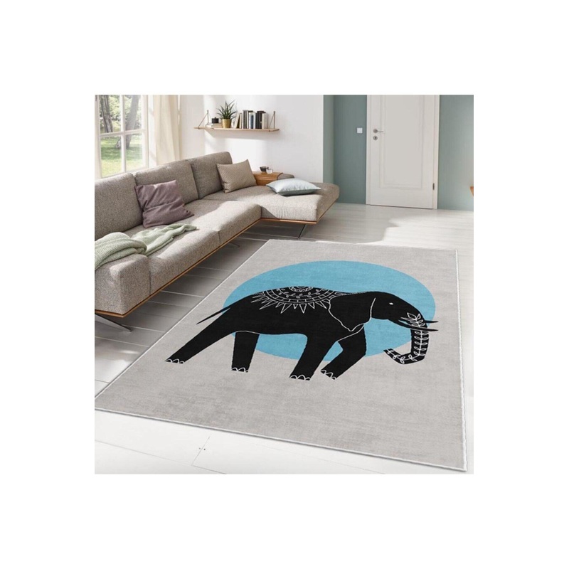Digitally Printed Carpet With Blue Elephant Motif