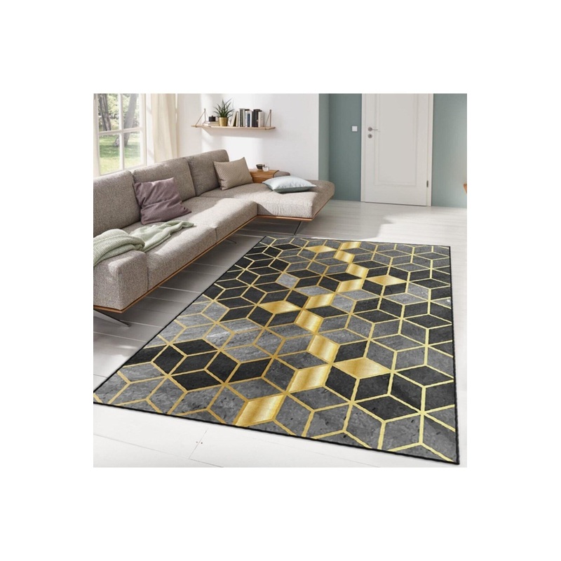 Gray Black Gold Honeycomb Detailed Digital Printed Carpet