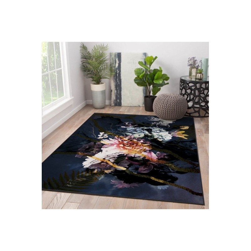 Navy Blue Watercolor Patterned Digital Printed Carpet