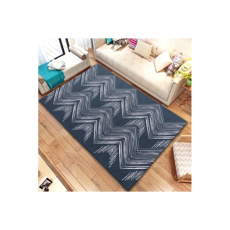 Navy Blue Zigzag Motif Digital Printed Carpet