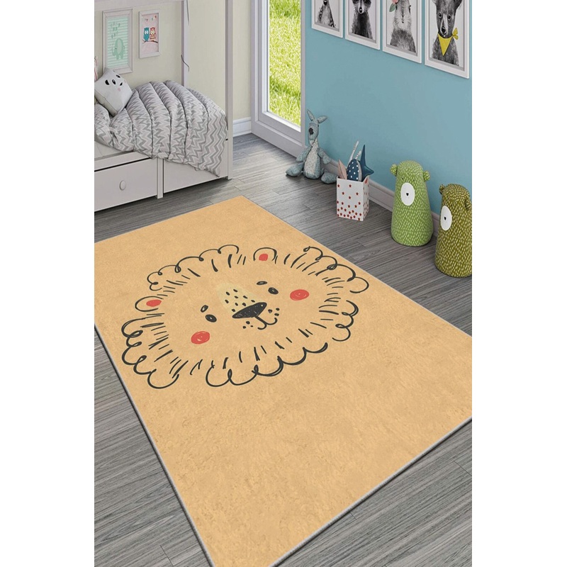 Orange Lion Figured Digital Printed Children's Room Carpet