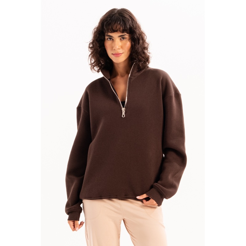 Oversize Fit Stand Collar Half Zippered Raised Bitter Coffee Women's Sweatshirt - Cass