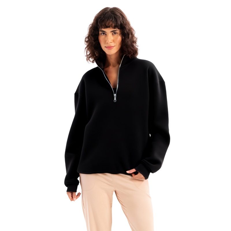 Oversize Fit Stand Collar Half Zippered Raised Black Women's Sweatshirt - Cass