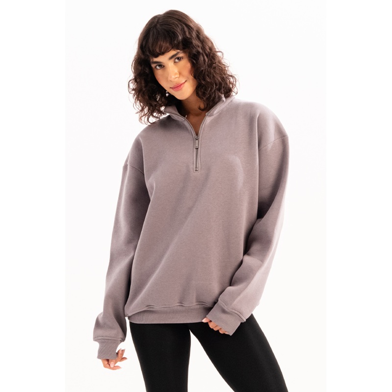 Oversize Fit Stand Collar Half Zippered Raised Gray Women's Sweatshirt - Cass