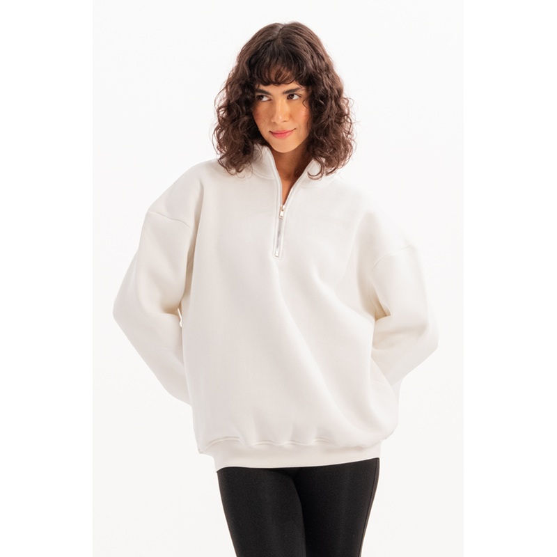 Oversize Fit Stand Collar Semi-Zippered Raised Ecru Women's Sweatshirt - Cass