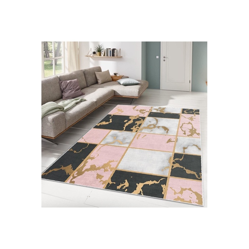 Pink Gold Patterned Patchwork Digital Printed Carpet
