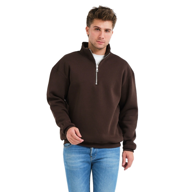 Regular Fit Stand Collar Half Zippered Raised Bitter Coffee Men's Sweatshirt - Prime