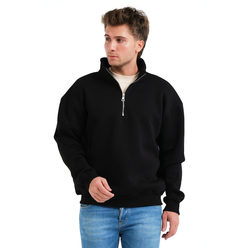 Regular Fit Stand Collar Half Zippered Raised Black Men's Sweatshirt - Prime