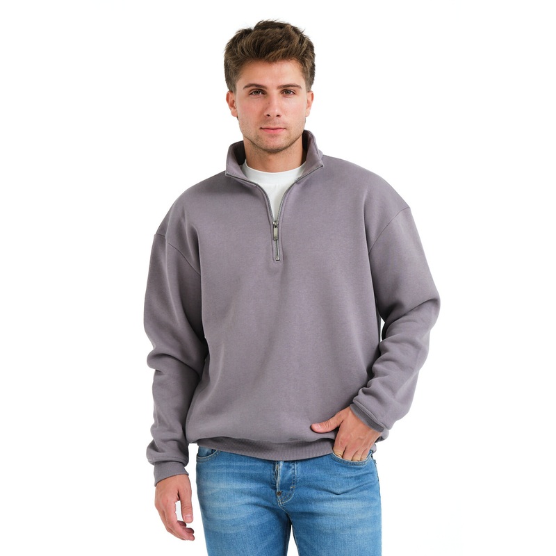 Regular Fit Stand Collar Half Zippered Raised Gray Men's Sweatshirt - Prime
