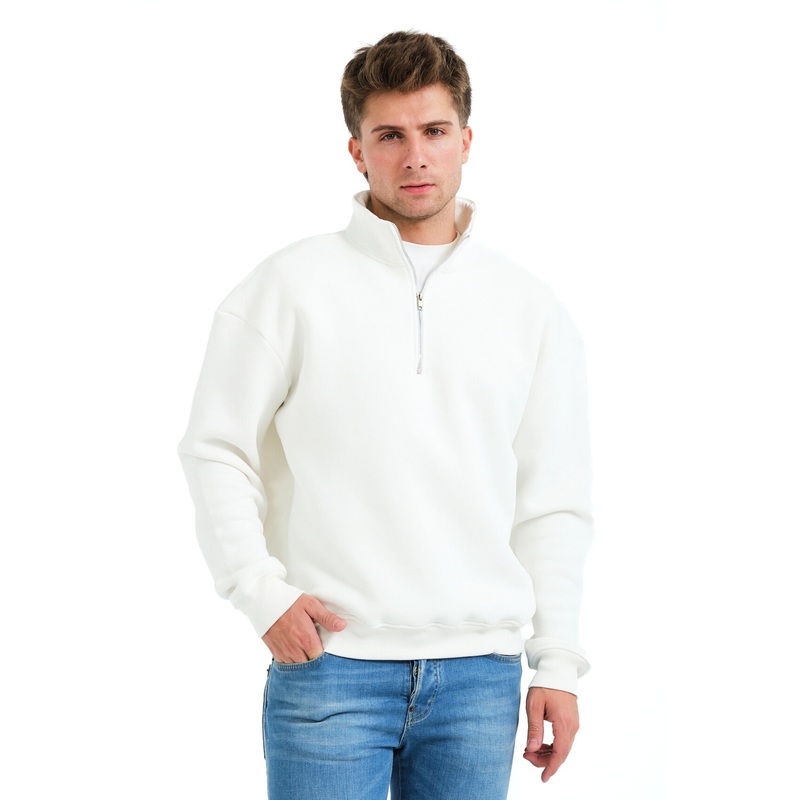 Regular Fit Stand Collar Semi-Zippered Raised Ecru Men's Sweatshirt - Prime