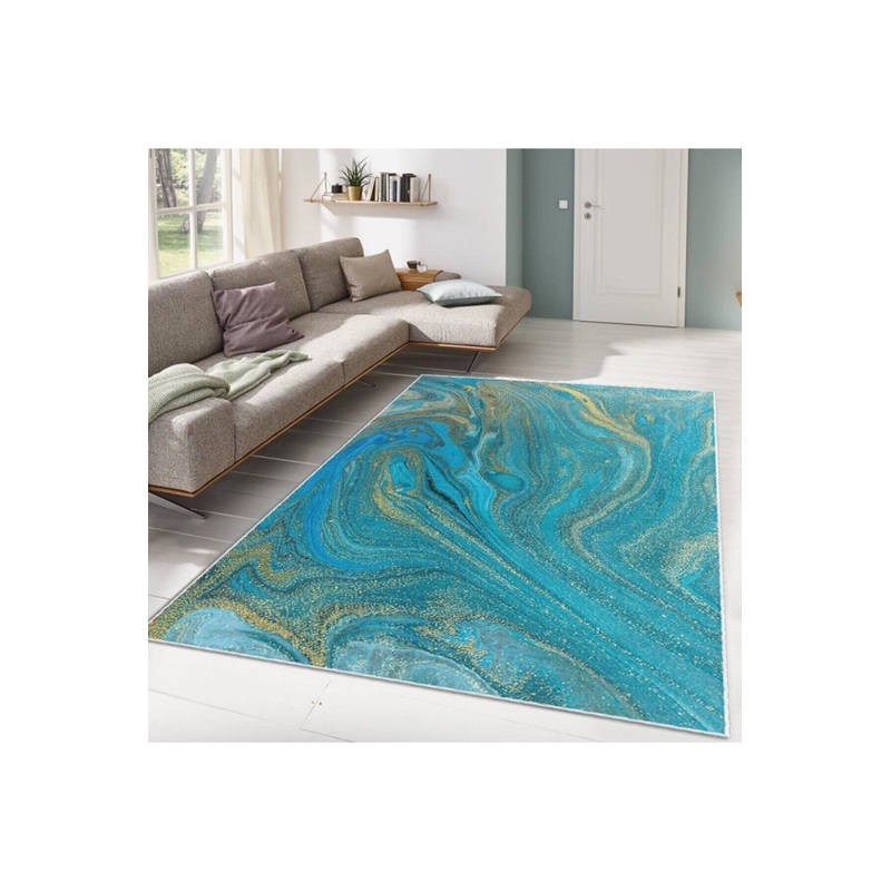 Turquoise Marbling Patterned Digital Printed Carpet