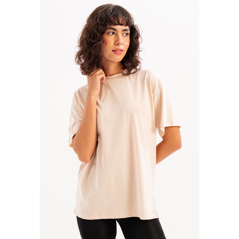 100% Cotton Oversize Fit Crew Neck Beige Women's T-Shirt - Halo