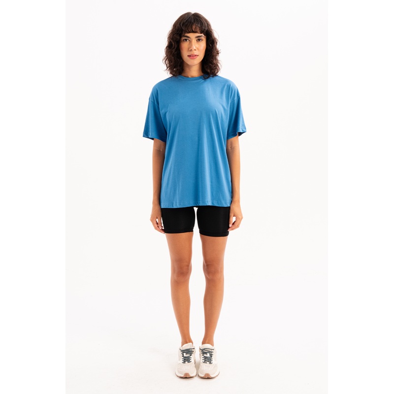 100% Cotton Oversize Fit Crew Neck Blue Women's T-Shirt - Halo