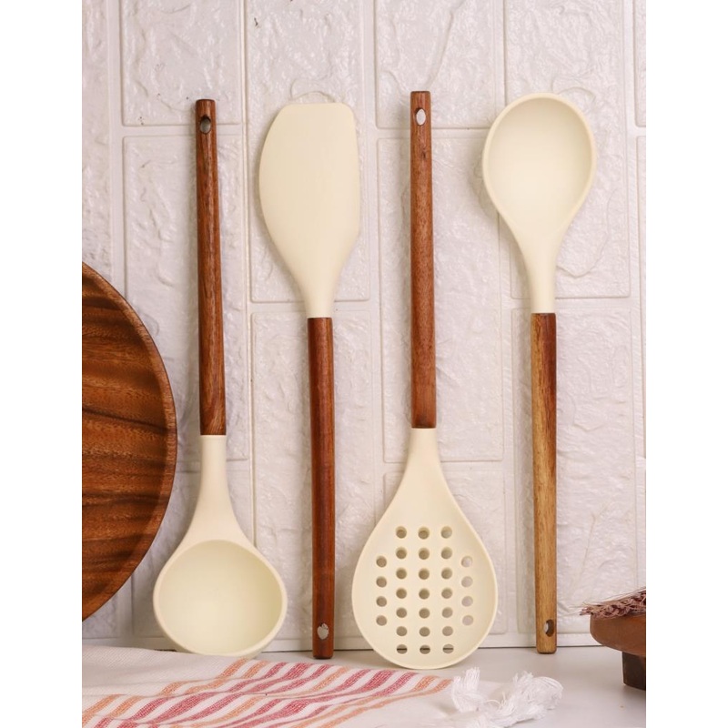 Acacia Handled 4-Piece Silicone Kitchen Utensil Set  Ladle, Skimmer, Kitchen Spoon, Spatula