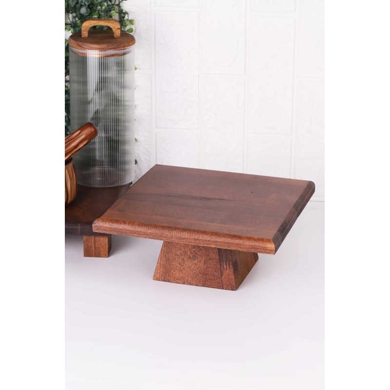 Acacia Wood Square Wooden Presentation Cake Serving Plate 25Cm - High Leg
