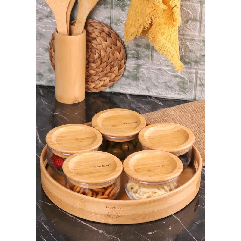 Atbyhome Duo 300Ml 5-Tray Bamboo Silicone Lid Airtight Glass Breakfast Bowl