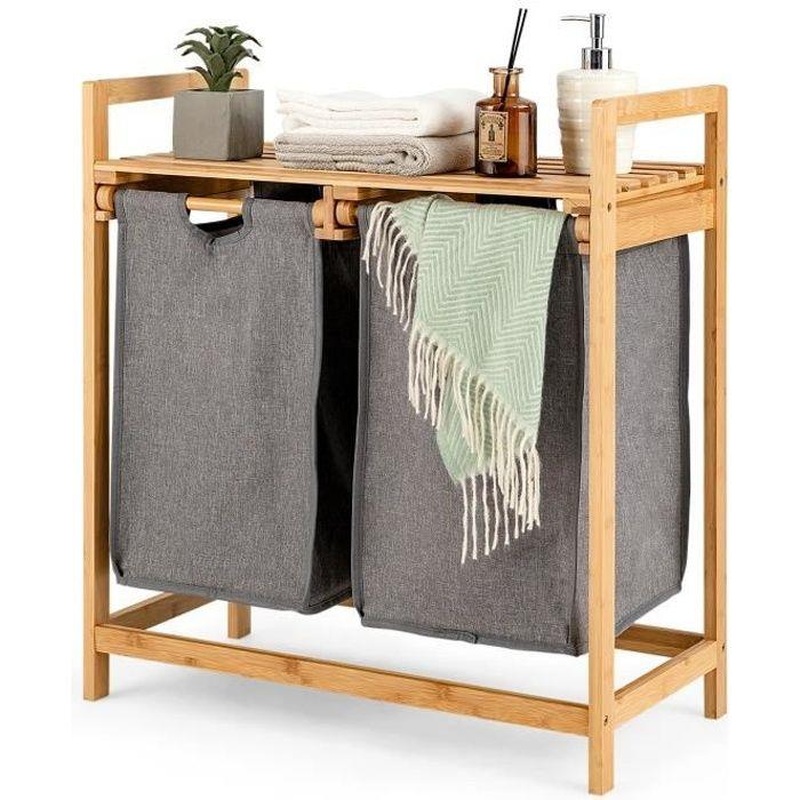 Bamboo Footed Laundry Basket With 2 Compartments (64 X 33 X 73 Cm) - Unassembled
