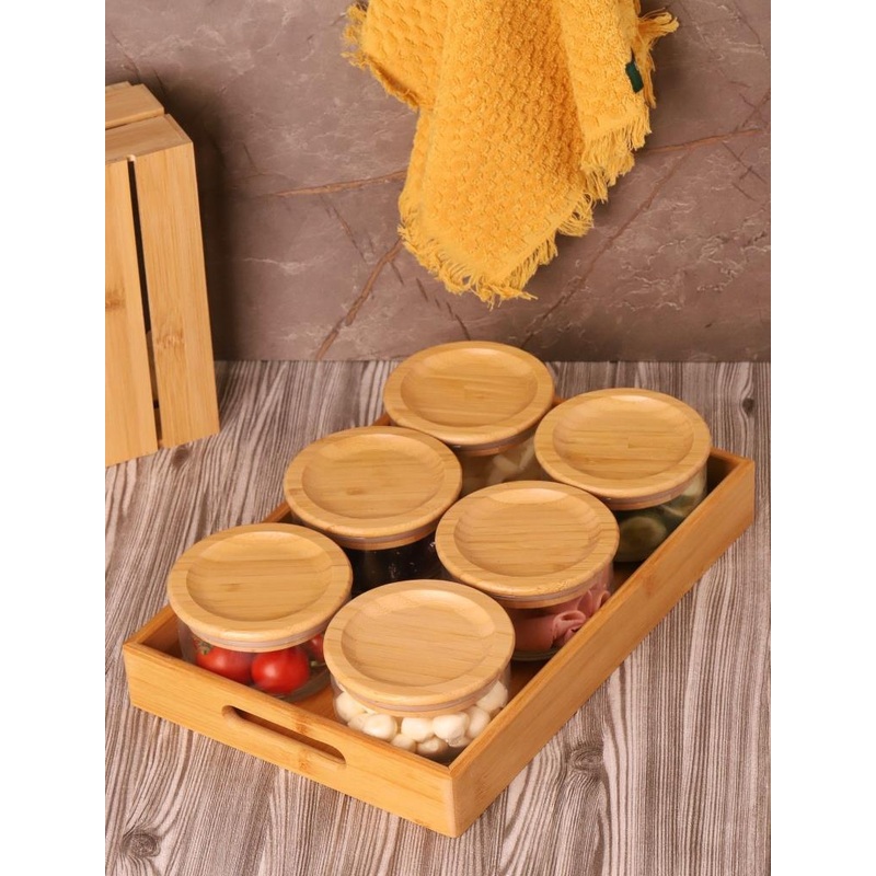 Bambum Duo 300Ml Glass Breakfast Bowl With Bamboo Lid And Bamboo Tray For 6 Pieces