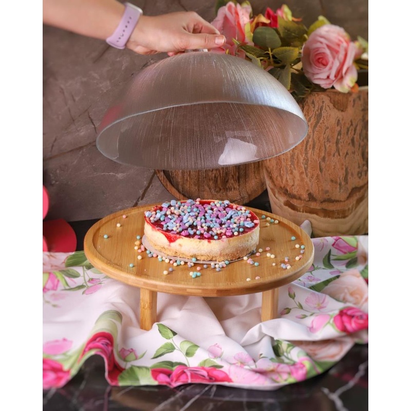 Bambum - Kuga 30 Cm Glass Lidded Bamboo Cake Bowl - Fruit Bowl