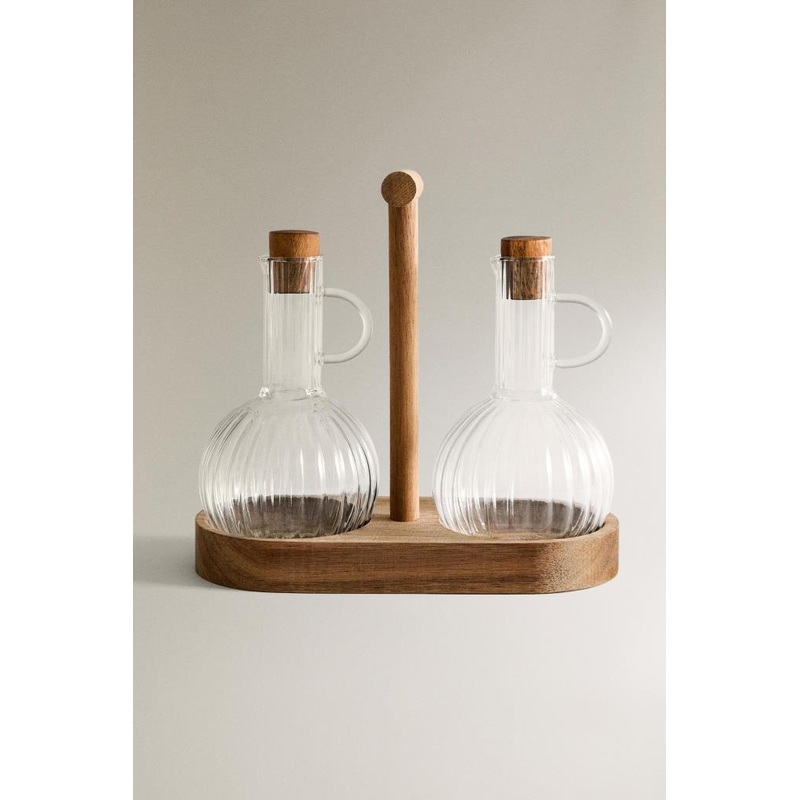 Borosilicate Glass And Wood Vinegar And Oil Bottle Set Of 2