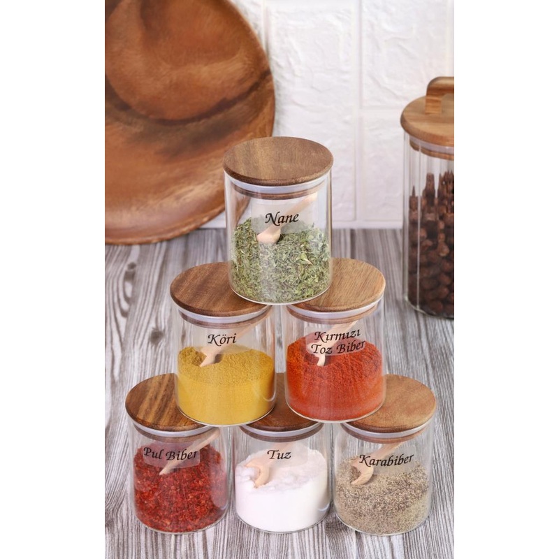 Borosilicate Glass Spice Jar With Acacia Silicone Lid - 250 Ml Spice Set 18 Pieces
