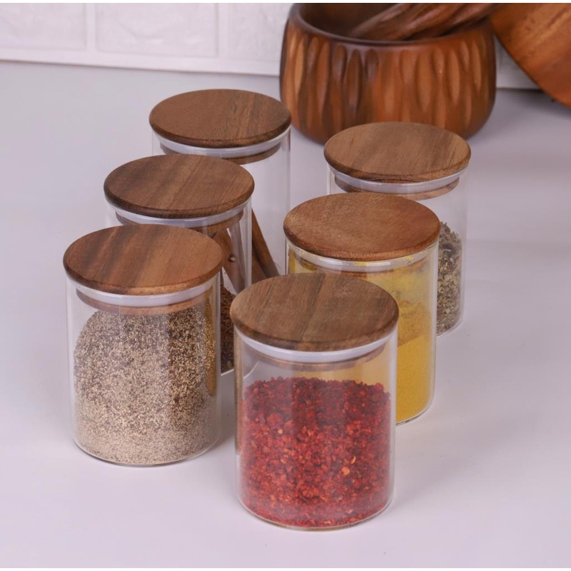 Borosilicate Glass Spice Storage Jar With Acacia Lid 200 Ml, 6 Pieces