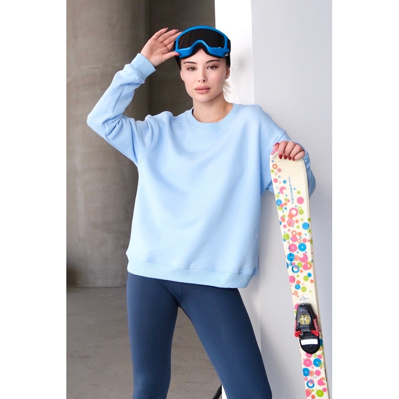 Crew Neck Basic Pattern Blue Women's Sweatshirt Tracksuit Top - Aura