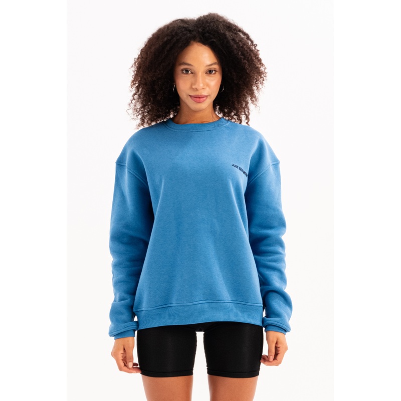 Crew Neck Embroidered Raised Polar Fleece Inside Blue Women's Sweatshirt - Rigil