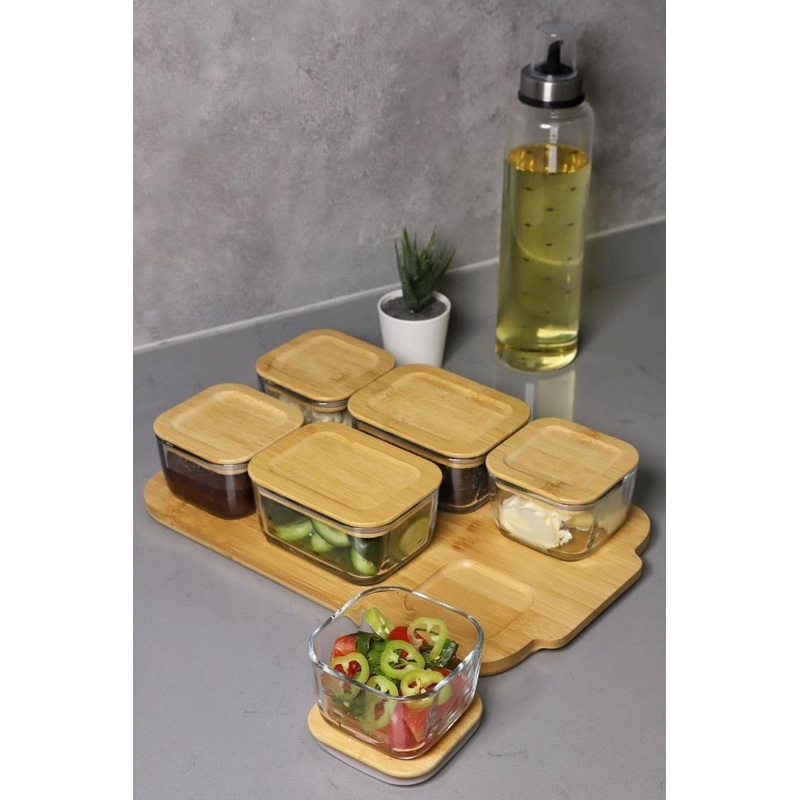 Defne 13 Piece Bamboo Silicone Lid Glass Breakfast Set Luxury Breakfast Set