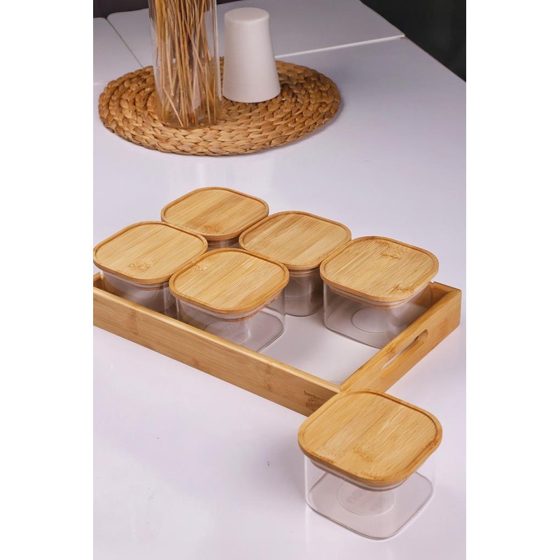 Duo 400Ml 6-Piece Bamboo White Marble Pattern Tray Bamboo Vacuum Lid Glass Breakfast Bowl