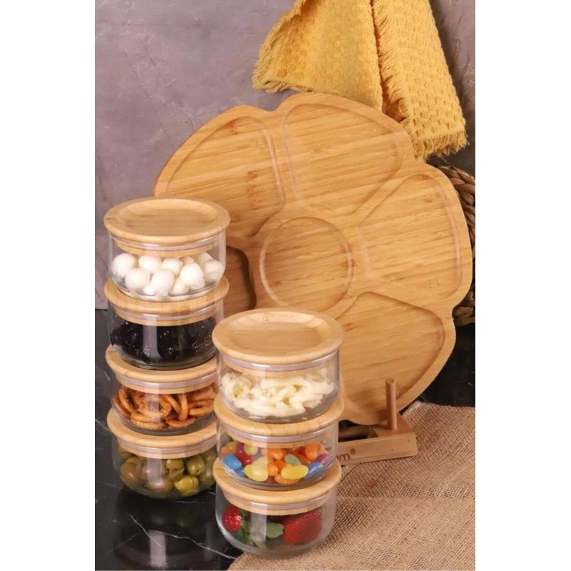 Duo - 7 Piece Rotating Tray Bamboo Silicone Lid Airtight Glass Breakfast Bowl 300 Ml