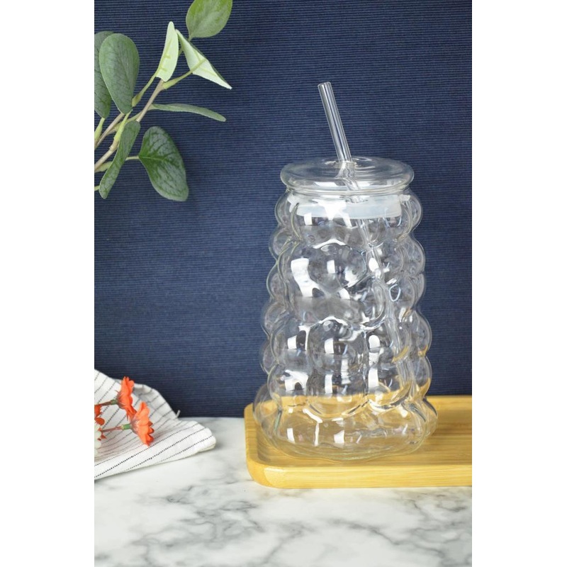 Mien Grape Pattern Bubble Borosilicate Glass Straw Cup 1 Liter