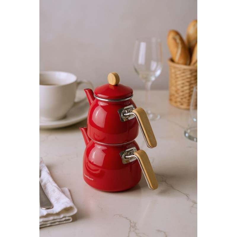 Sultan - Red Teapot Set With Bamboo Handles