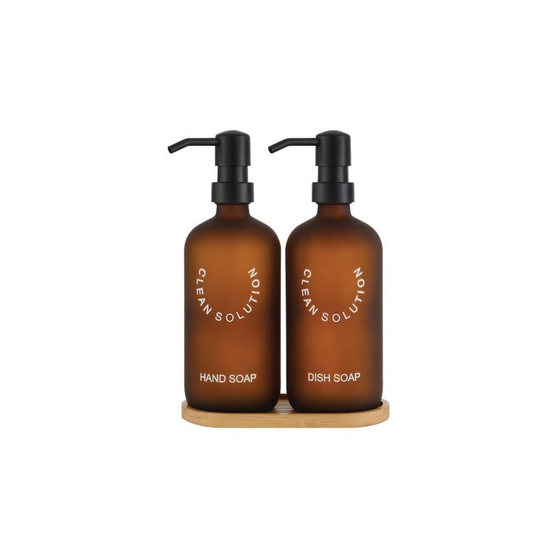2-Piece Amber Glass Liquid Soap Dispenser Set With Stand
