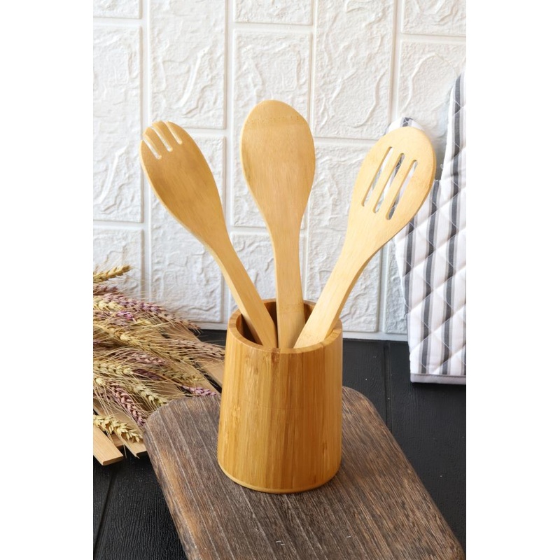 4 Piece Bamboo Spoon Holder-Serving Set - Meal Preparation Set