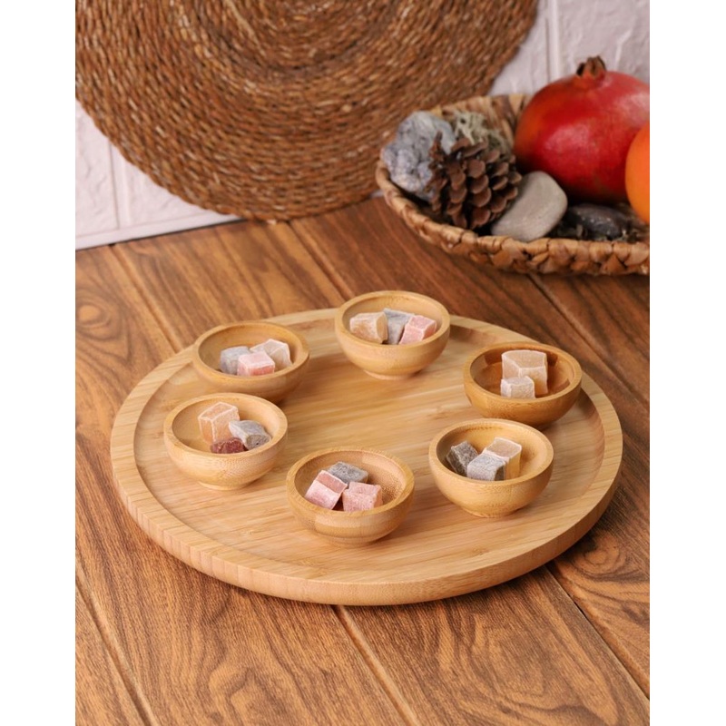 7 Piece Mini Bamboo Sauce Bowl Rotating Serving Plate
