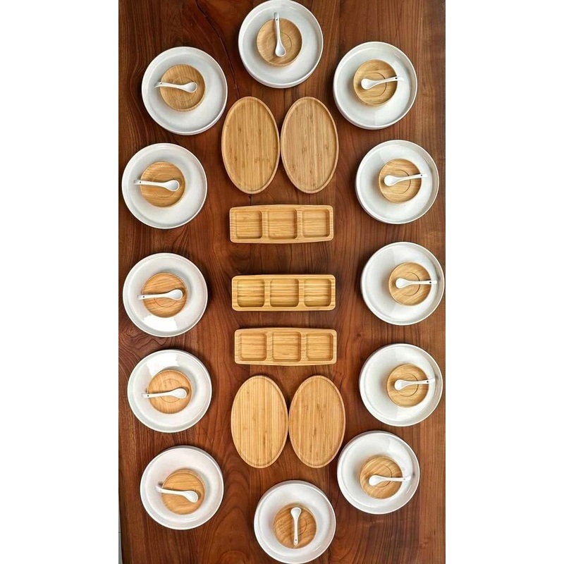 Atbyhome 12 Person 41 Piece Ceramic - Bamboo Breakfast Set - Luxury Breakfast Serving Set