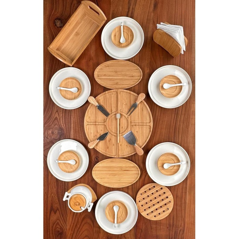 Atbyhome 29 Piece Ceramic Bamboo Breakfast Set For 6 People - Luxury Breakfast Serving Set