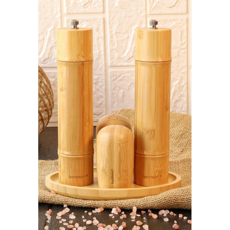 Bambum - 5 Piece Salt And Pepper Shaker Grinder Mill Set With Plate