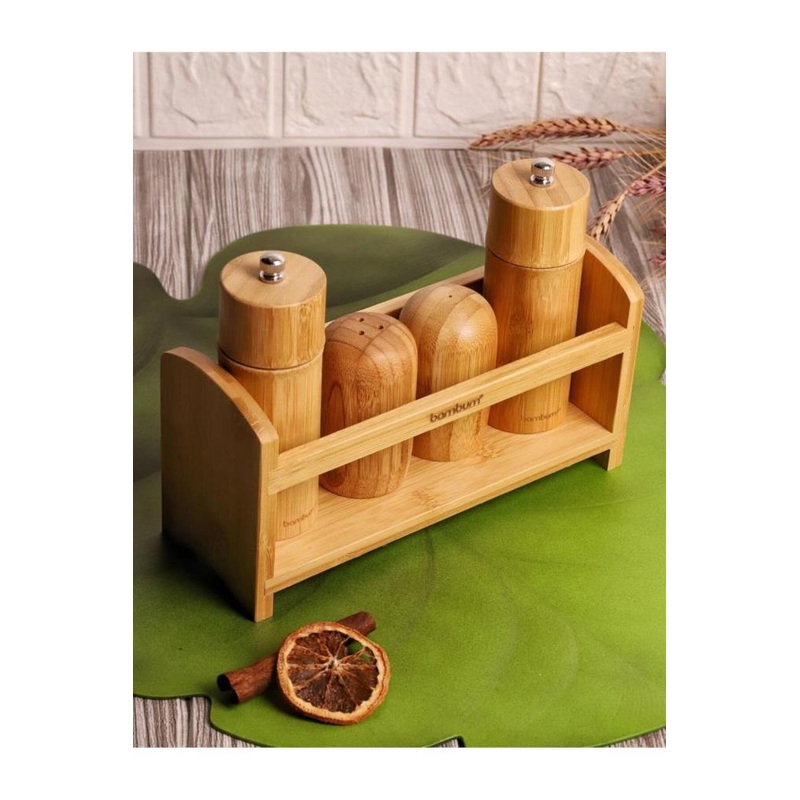 Bambum 5 Piece Stand Salt And Pepper Shaker Spice Shaker Set With Grinder